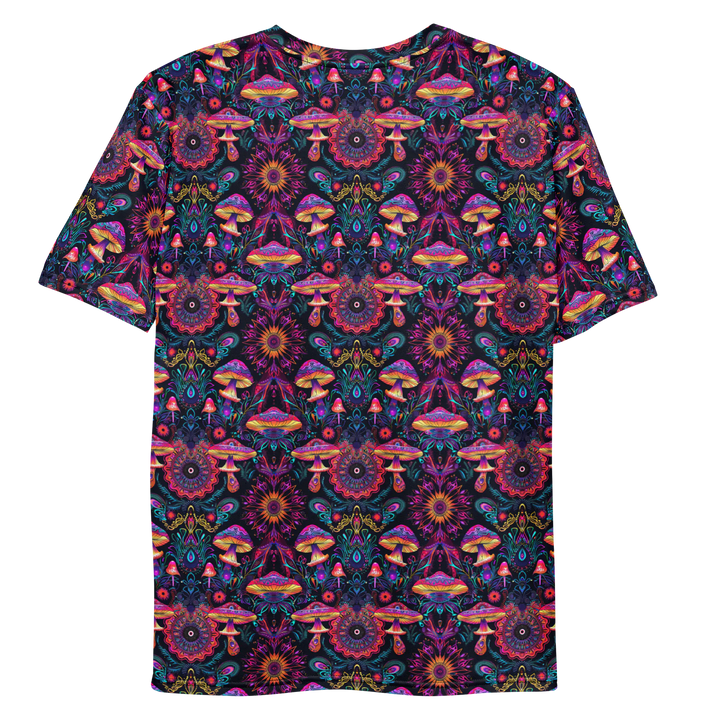Flat back of large-print PsyMush shirt – detailed sacred mushroom geometry for trippy fashion lovers.