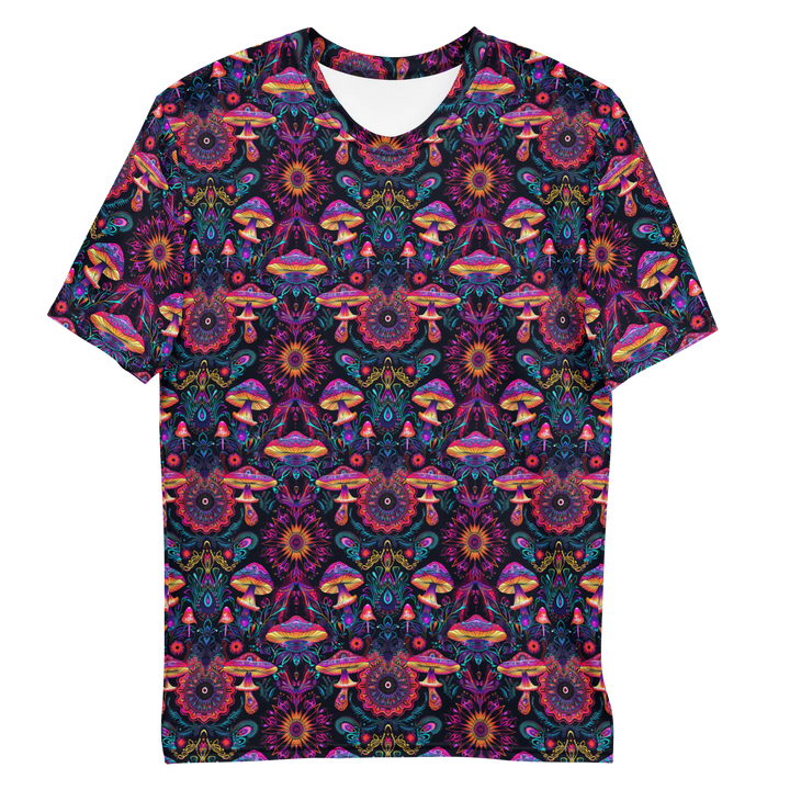 Flat front of PsyMush tee with large sacred mushroom print – perfect for bold festival looks.