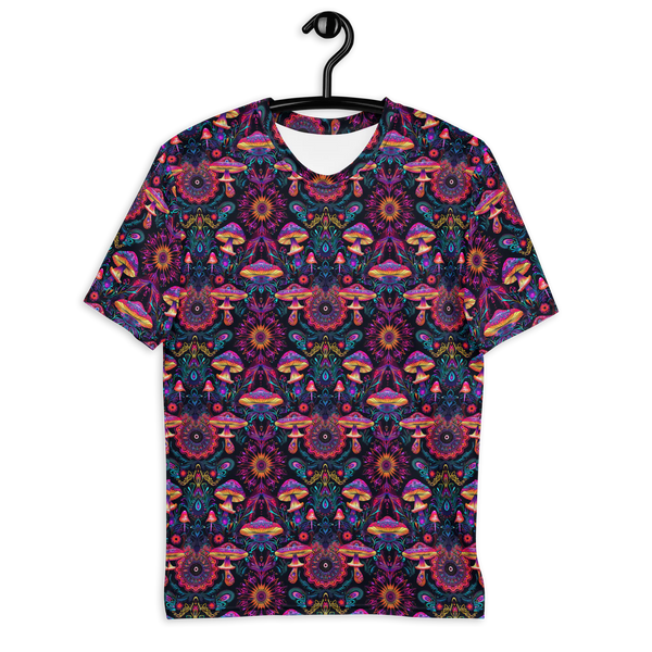 Front view of PsyMush t-shirt with large mushroom sacred geometry print – bold visionary festival wear.