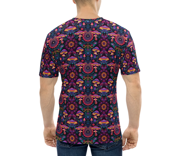 Model back view with bold PsyMush sacred geometry mushroom print – ideal for festivals and raves.