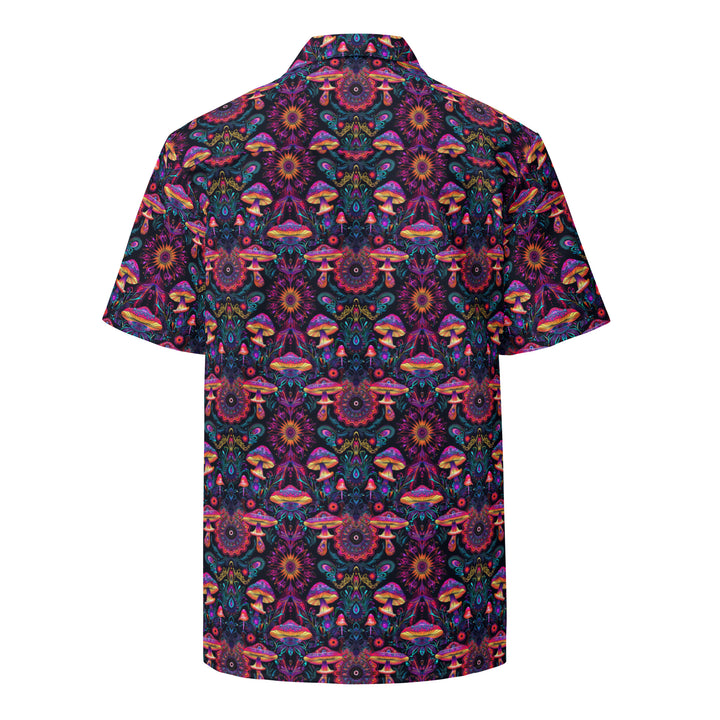 Back view of PsyMush shirt – fractal mushroom patterns with spiritual geometry for festival lovers.
