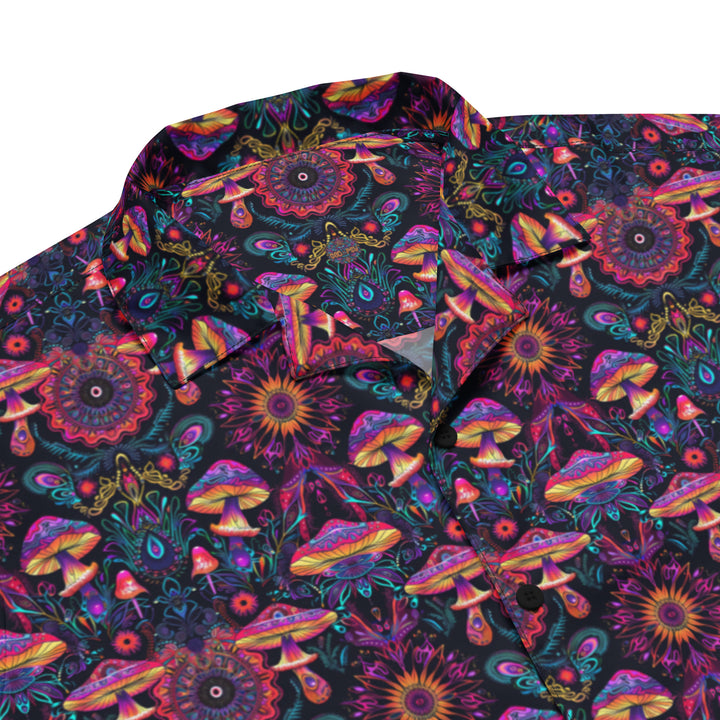 Collar close-up of PsyMush shirt – colorful sacred geometry fused with psychedelic mushroom visuals.
