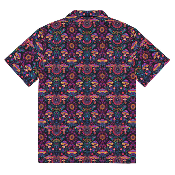 Flat back of PsyMush button down – psychedelic forest feel with geometric harmony.