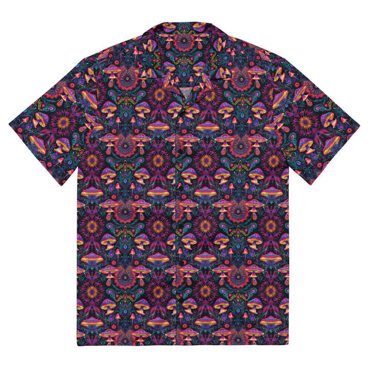 Flat front of PsyMush shirt – vibrant mushroom design with sacred geometry for expressive rave wear.