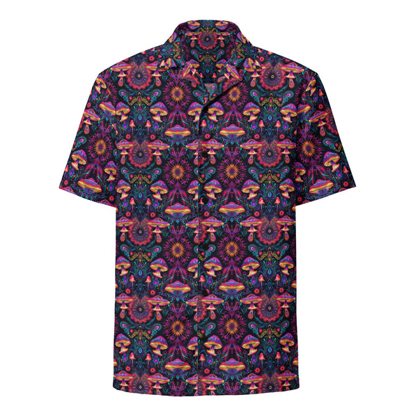 Front view of PsyMush psychedelic button down shirt – trippy mushroom art with sacred geometry for rave fashion.