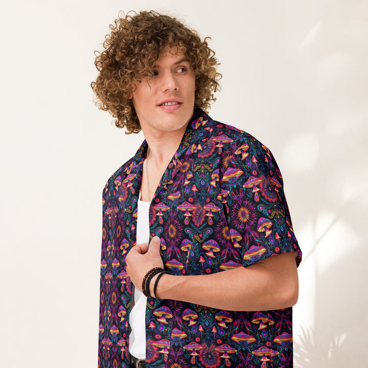 Model wearing PsyMush shirt – festival-ready mushroom geometry shirt for spiritual self-expression.