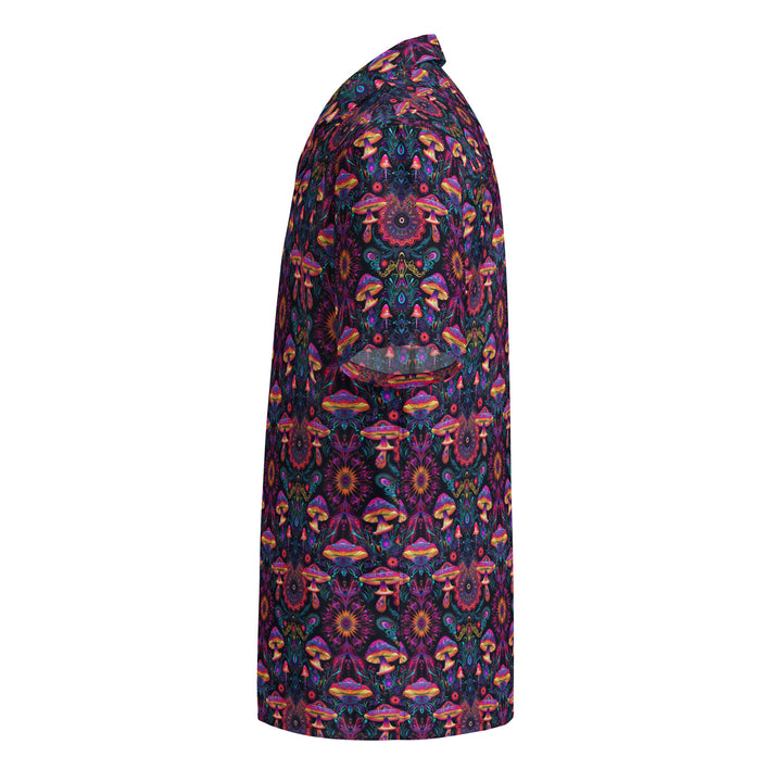 Left side of PsyMush shirt – spiritual mushrooms and trippy geometry for conscious clothing.