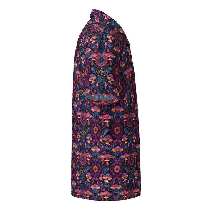 Right side of PsyMush button down – visionary mushroom artwork and sacred flow for EDM style.