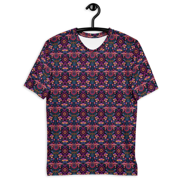 Front view of PsyMush t-shirt with small mushroom sacred geometry print – subtle visionary design for festival lovers.