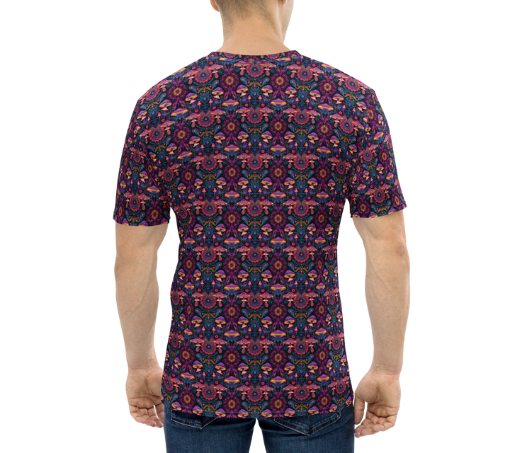 Back view of small mushroom geometry design – a clean yet spiritual t-shirt for modern ravers.
