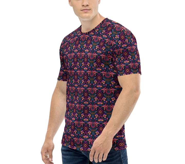 Side profile of minimalist PsyMush t-shirt – subtle trippy fashion with visionary vibes.
