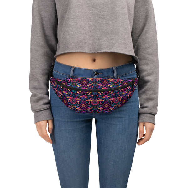 Model wearing Psymush psychedelic waistbag – ideal for raves, festivals, and bold visionary expression