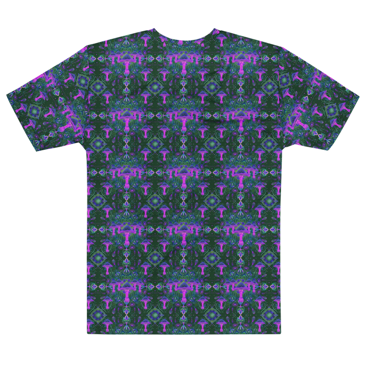Back flat view of Mushdalla tee – sacred geometry glowing in purple and green.