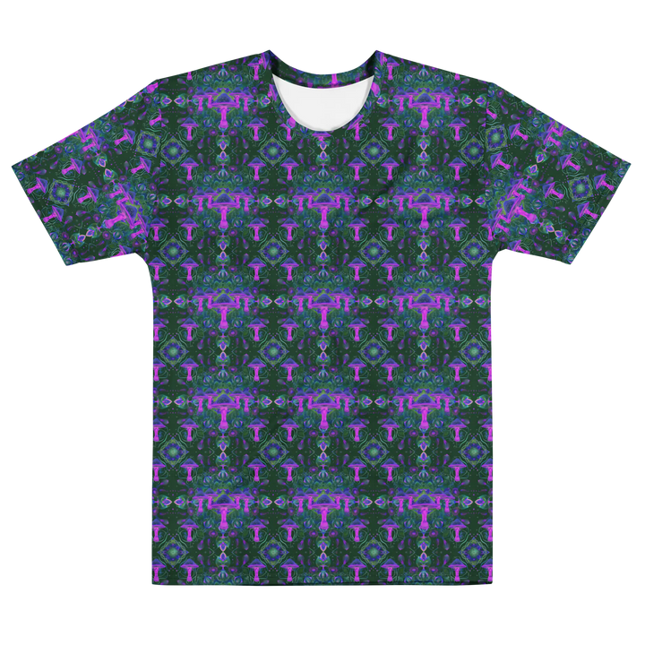 Flat lay of Mushdalla shirt – purple and neon green mandala with mushroom vibes.