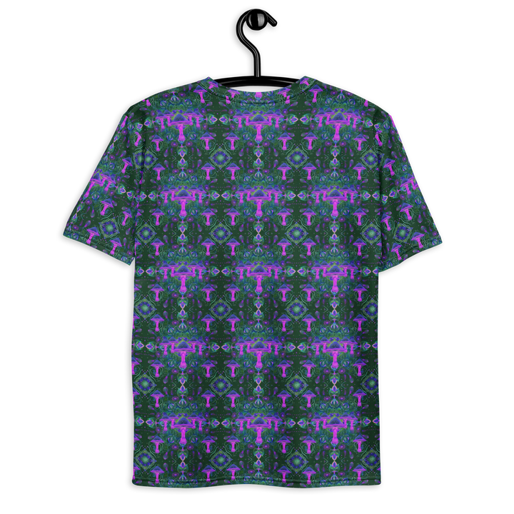 Hanging back of purple/neon green Mushdalla shirt – glowing mandala energy for psywear fans.