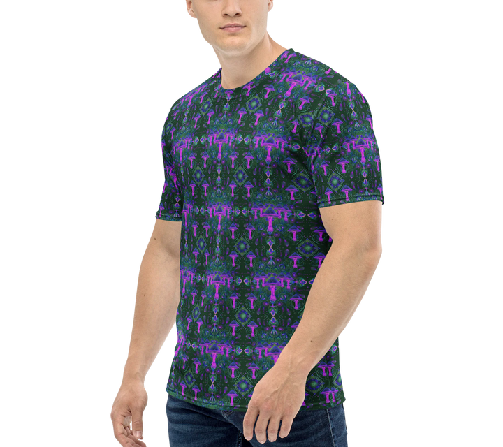 Left profile of Mushdalla shirt – neon mushroom geometry for cosmic fashion lovers.