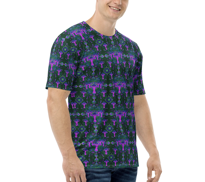 Side angle of Mushdalla tee – radiant purple and green energy for psychedelic lifestyle.