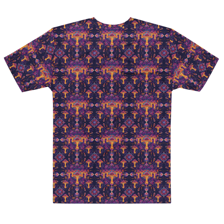 Alternate back flat view of Mushdalla tee – spiritual mushroom mandala in purple and orange.
