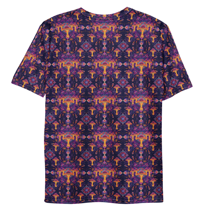 Back flat image of Mushdalla tee – spiritual geometry and mushrooms in vivid purple and orange.
