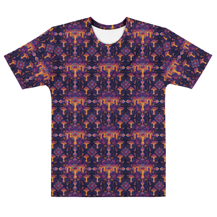 Alternate front flat of purple/orange Mushdalla – trippy sacred design for rave and festival wear.