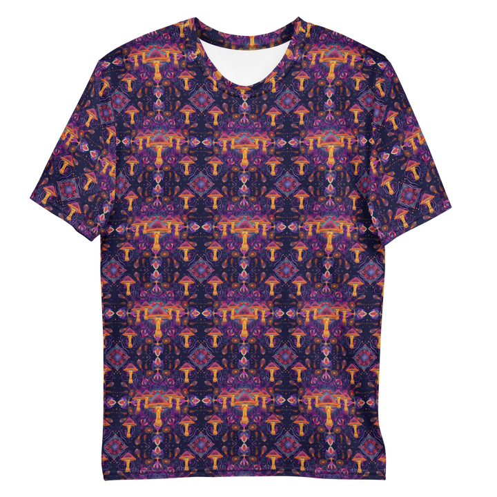 Flat front layout of Mushdalla shirt – purple-orange mushroom mandala for psychedelic fashion fans.
