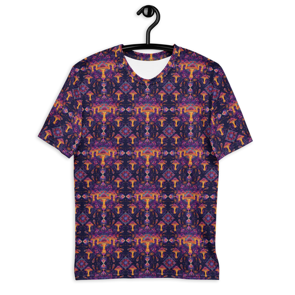 Front view of Purple/Orange Mushdalla t-shirt – sacred geometry and mushroom fusion for psychedelic streetwear.