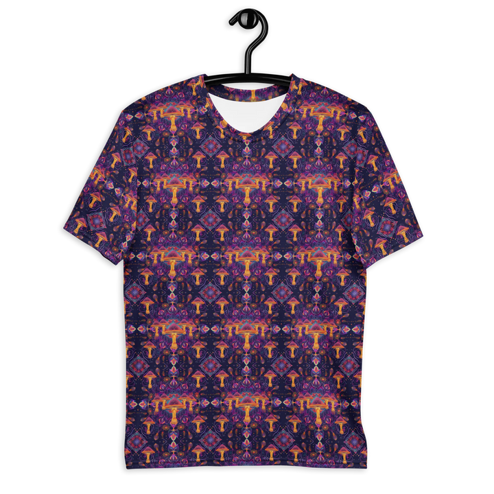Front view of Purple/Orange Mushdalla t-shirt – sacred geometry and mushroom fusion for psychedelic streetwear.