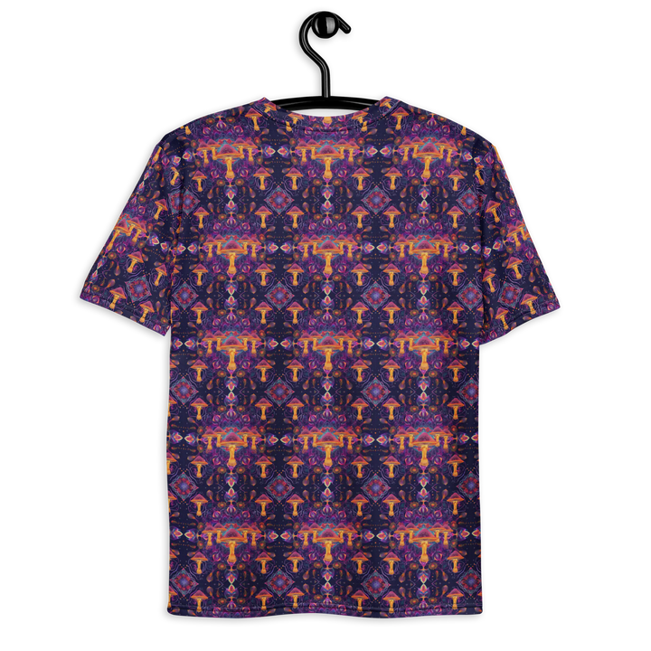 Hanging back view of Mushdalla tee in purple and orange – trippy spiritual design perfect for visionary fashion lovers.