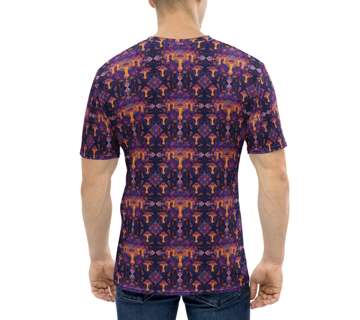 Back view of model in Mushdalla tee – purple and orange fractal design for transformational festivals.
