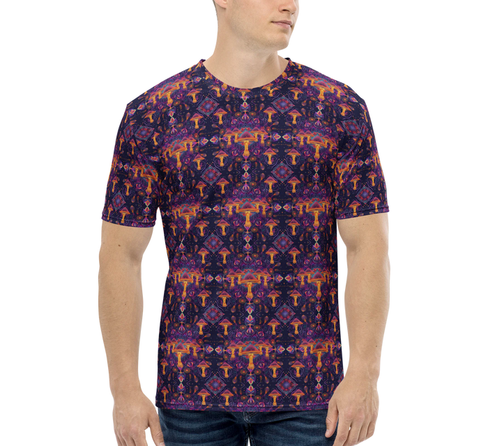 Model wearing purple-orange Mushdalla t-shirt – psychedelic mushroom geometry for raves and burners.