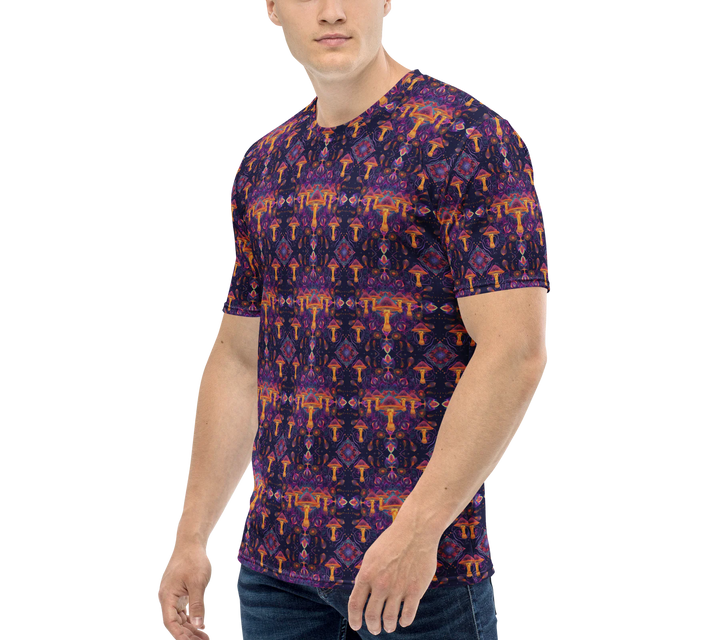 Left side view of Purple/Orange Mushdalla t-shirt – spiritual ravewear with sacred mushroom art.
