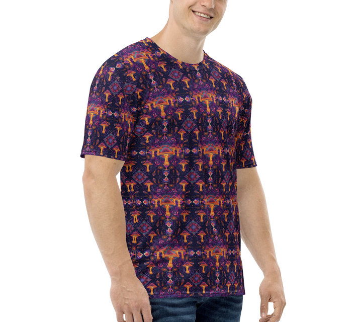 Side profile of Mushdalla shirt – vibrant mushroom mandala print for psychedelic explorers.