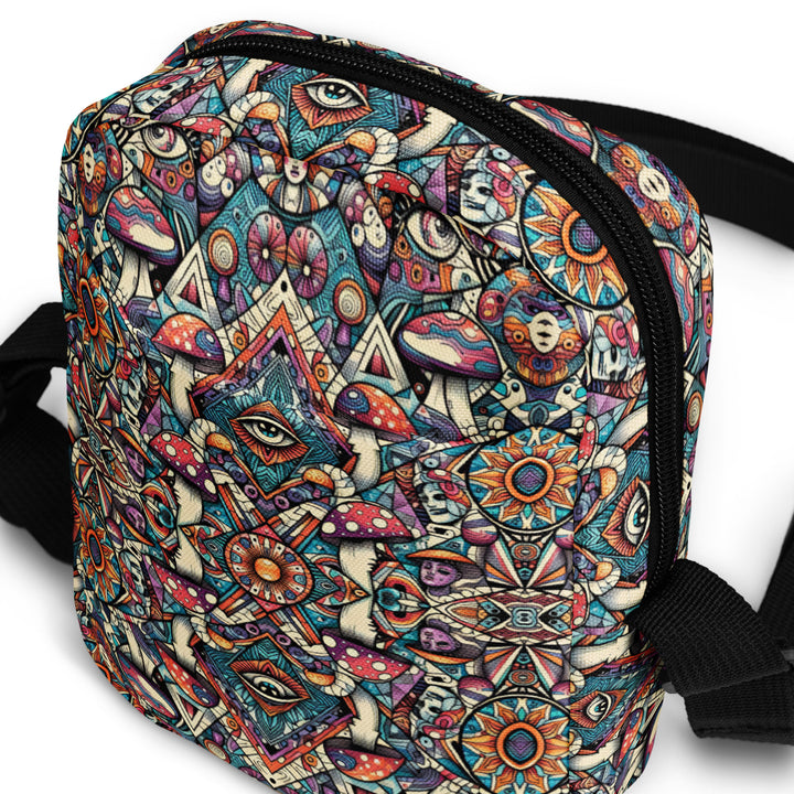Angled shot of Mushtribe crossbody festival bag – colorful geometric print with spiritual vibes