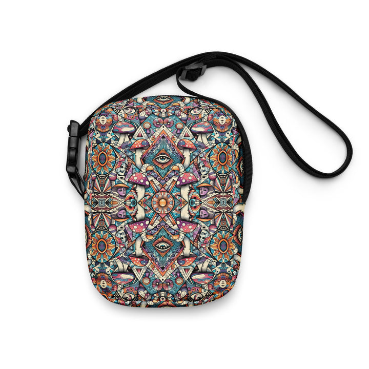 Front view of Mushtribe sacred geometry crossbody bag – compact, bold, and festival-ready