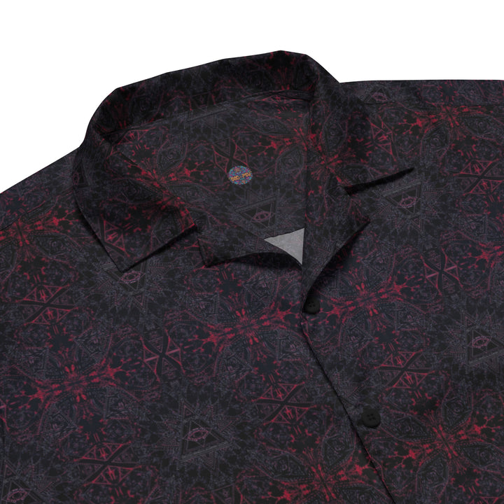 Close-up of collar on THIRDEYE shirt – intricate sacred geometry with powerful third eye motif.