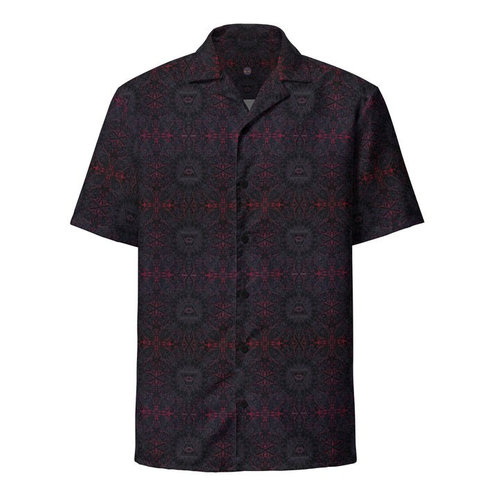 Front view of THIRDEYE button down shirt – bold third eye design with sacred geometry elements.