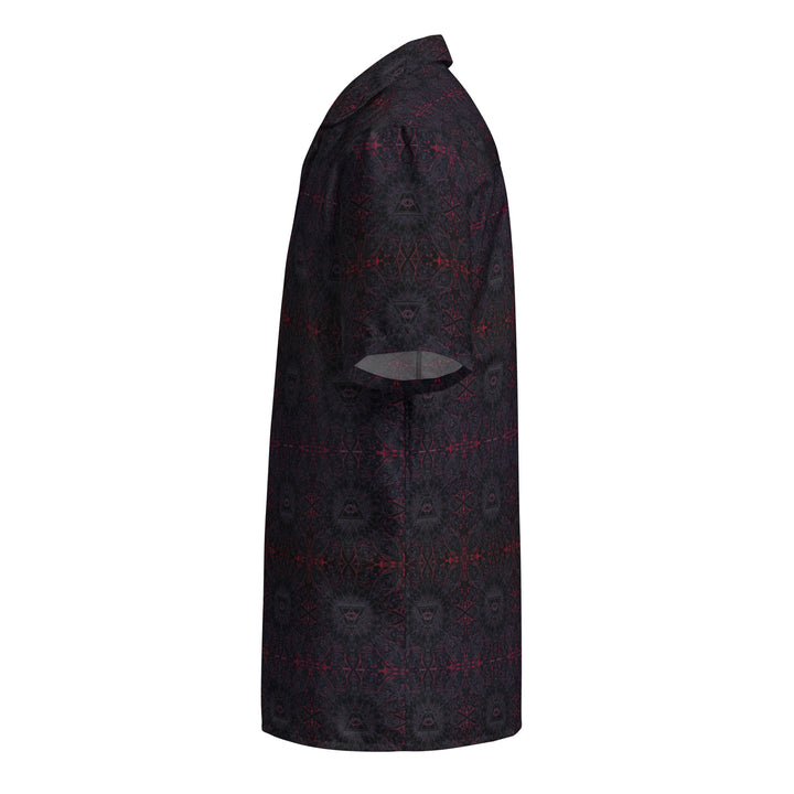 Left side of THIRDEYE button down – spiritual ravewear with detailed third eye print.