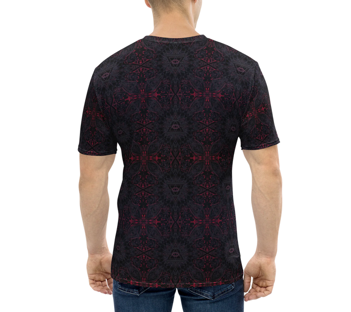 Model back view of THIRDEYE tee with small sacred third eye design – perfect for rave and consciousness culture.