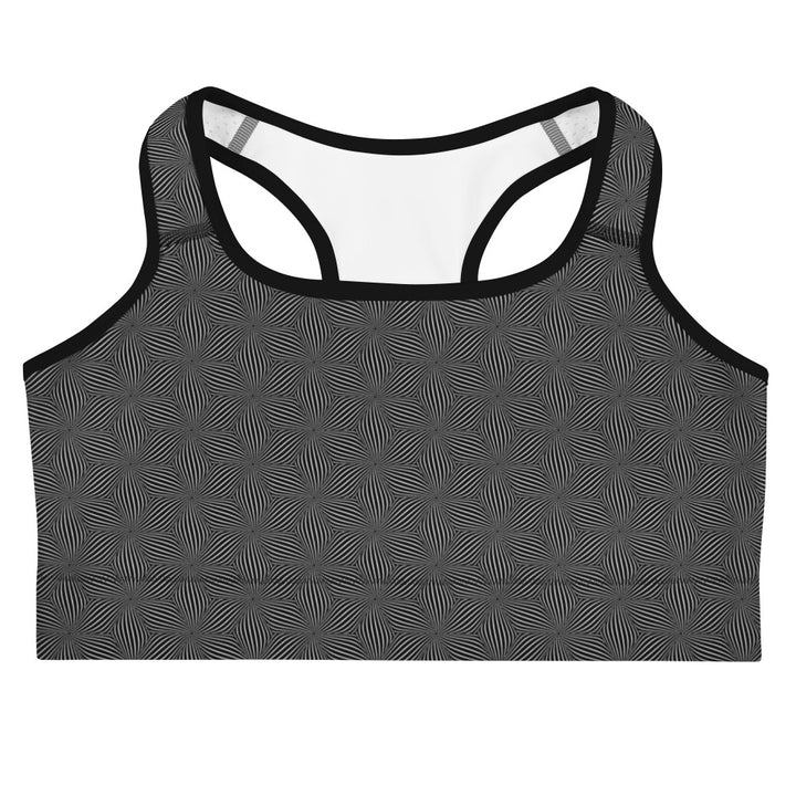 Flat lay front of Warpwave sports bra – sacred geometry print for yoga and activewear lovers
