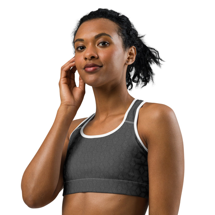 Model smiling in Warpwave bra – visionary top for yoga, raves, and everyday expression