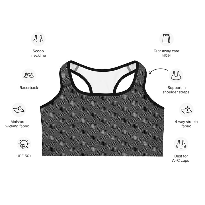 Infographic showing features of Warpwave bra – moisture-wicking, stretchable, and stylish