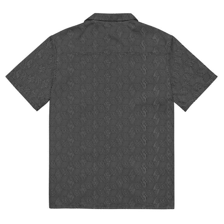 Flat back view of Warpwave button down – visionary fashion with psychedelic fractal patterns.