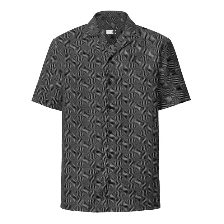 Front view of Warpwave button down shirt – psychedelic lines and warp patterns for rave and festival wear.