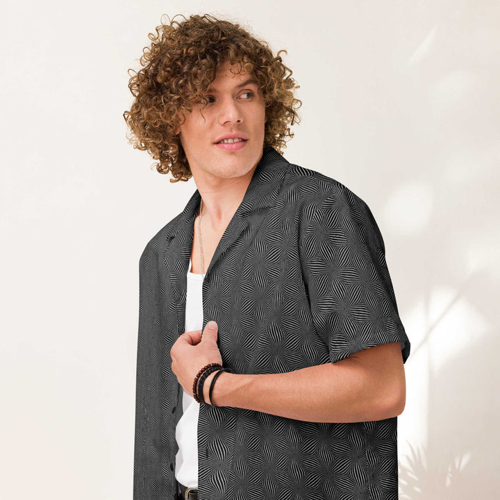 Model wearing Warpwave shirt – psychedelic button down for music festivals and visionary lifestyles.