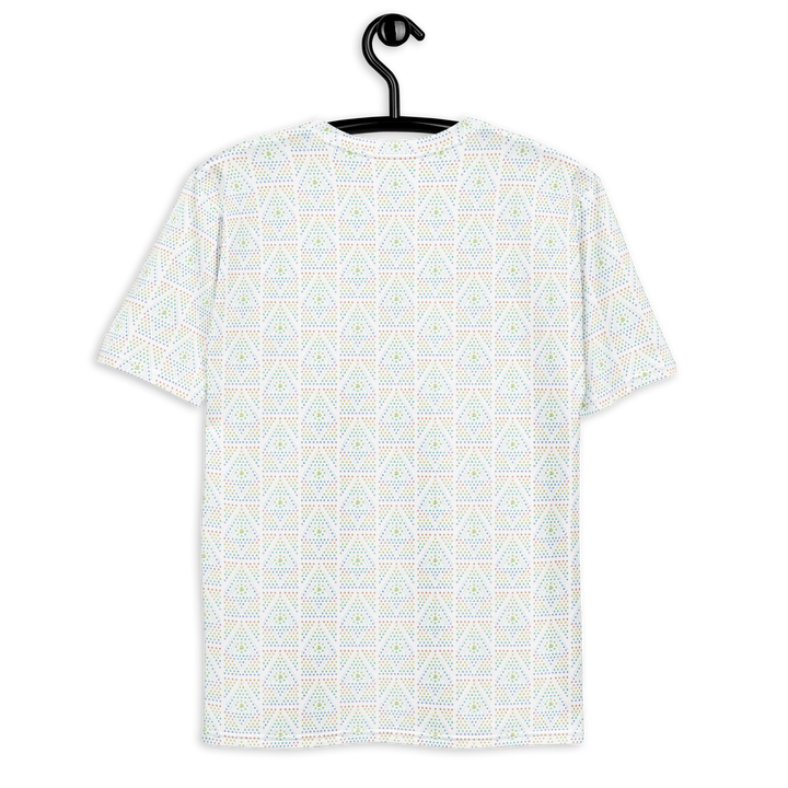 Back view of white psychedelic geometric t-shirt with sacred geometry design – ideal for spiritual fashion, electronic music festivals, and boho streetwear.