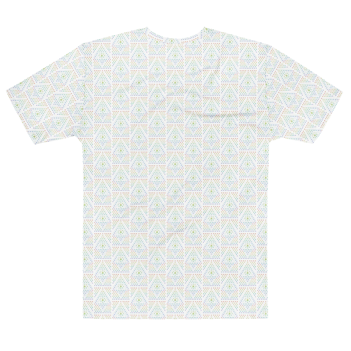 Alternate back flat view of white geometric psychedelic t-shirt – ideal for EDM festivals, spiritual fashion lovers, and unisex visionary wear.