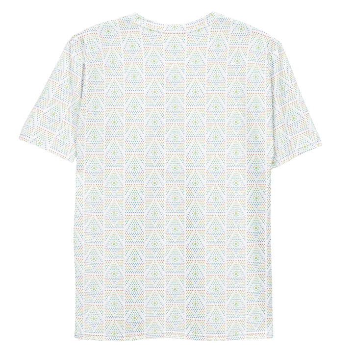 Flat back view of white sacred geometry t-shirt – geometric art for visionary fashion, rave gear, and holistic streetwear lovers.