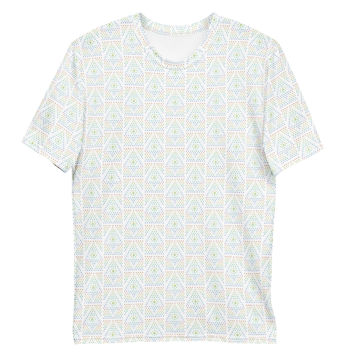 Flat lay of white psychedelic t-shirt with geometric sacred geometry print – high-quality fabric, perfect for unisex festival and spiritual wear.