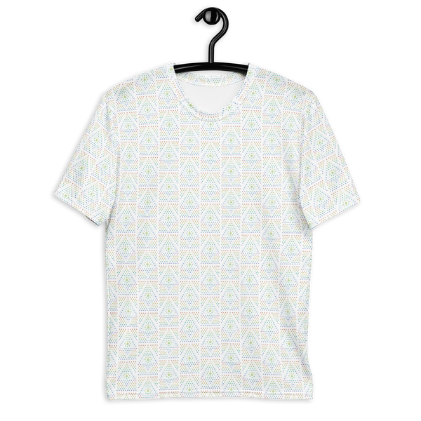 White psychedelic t-shirt with geometric sacred geometry print – perfect for festival fashion, rave wear, and visionary style lovers.