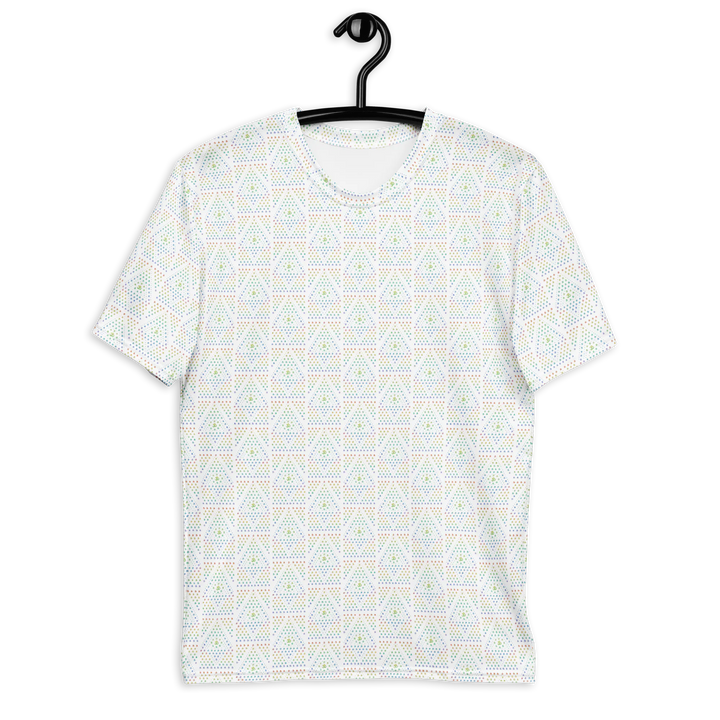 White psychedelic t-shirt with geometric sacred geometry print – perfect for festival fashion, rave wear, and visionary style lovers.